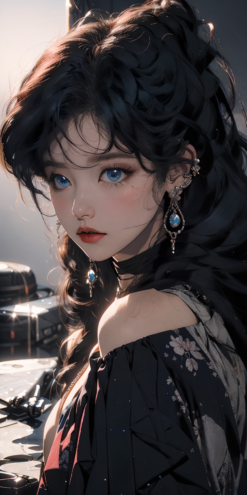 19032-2460164889-(masterpiece_1.2), best quality,PIXIV, _1girl, solo, black hair, jewelry, long hair, earrings, blue eyes, choker, looking at vie.png